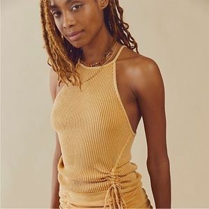 Free People One Katya Thermal Ruched Mini Dress in Golden Yellow Color NWT!